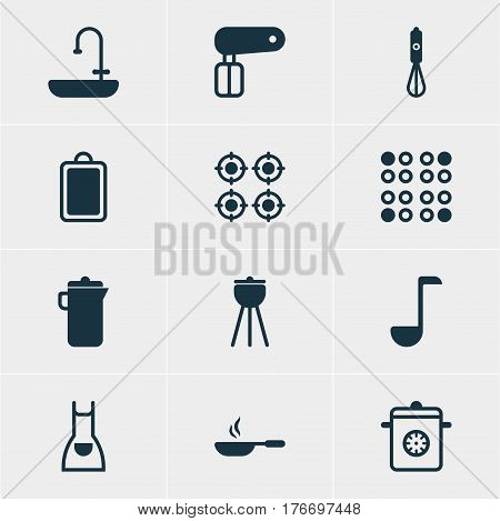 Vector Illustration Of 12 Kitchenware Icons. Editable Pack Of Frying Pan , Chopping Desk, Handmixer Elements.