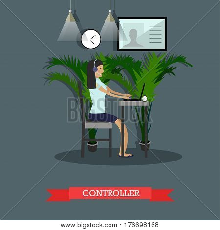 Vector illustration of emergency police service control room operator. Controller female taking incoming calls from public people flat style design.