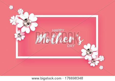 White Floral Greeting card with Brilliant stones. International Happy Mothers Day. Women's Day with Paper cut flower. Floral holiday. Beautiful bouquet. Rectangle frame. Pink. Vector illustration.