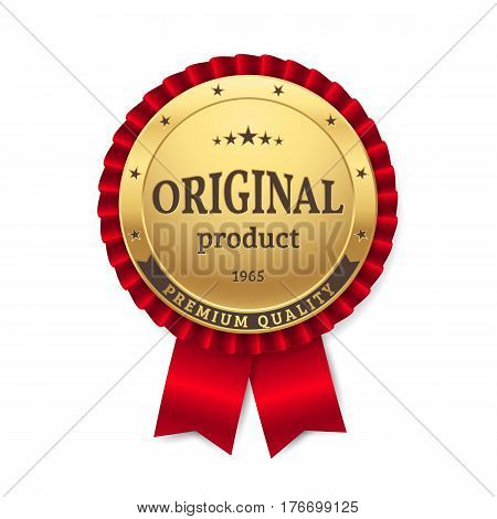 Vector gold rosette with title "Original Product" and "Premium Quality". Golden badge with red ribbon. Isolated from the background.