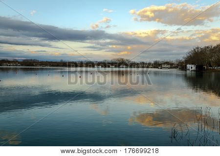 Lake Banyoles in pla de estany Spain Girona Panoramic Photography at sunset.
