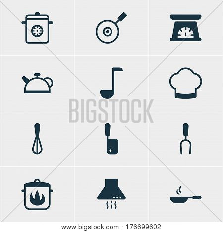 Vector Illustration Of 12 Kitchenware Icons. Editable Pack Of Butcher Knife, Skillet, Teakettle And Other Elements.