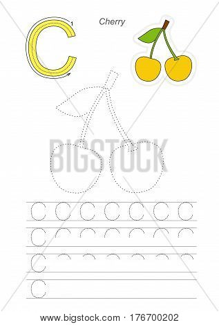 Vector illustrated worksheet to preschool children learn handwriting. Page to be traced for gaming and education with easy educational kid game level. Tracing worksheet for letter C. Cherries.