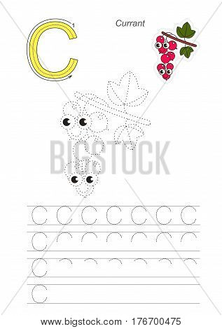 Vector illustrated worksheet to preschool children learn handwriting, the page to be traced for gaming and education with easy educational kid game level. Tracing worksheet for letter C, currant.