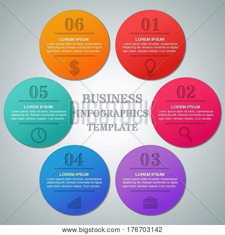 Infographics circle template 6 options parts steps. Infographic business concept with icons. Elements for brochure web design. Vector layout for text. Info graphic data.