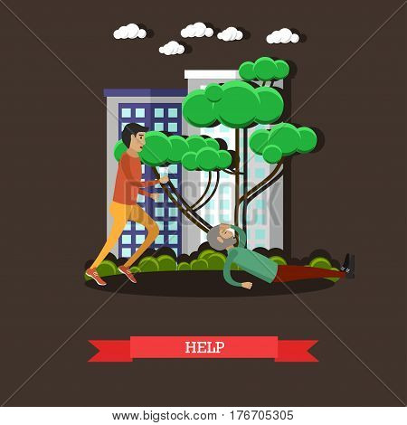 Vector illustration of young man giving glass of water to lying on the ground elderly man. Help concept design element in flat style.