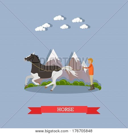 Vector illustration of man training beautiful piebald horse. Flat style design element.