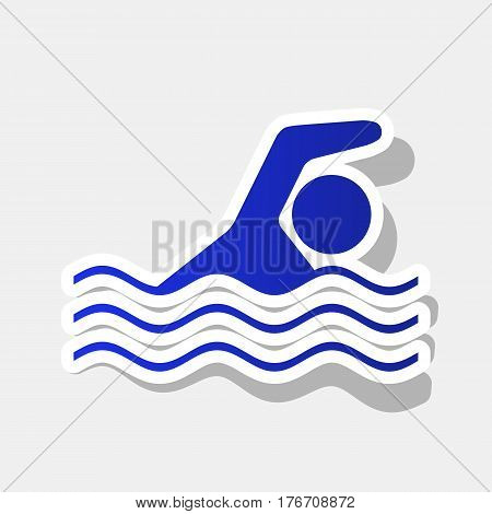 Swimming water sport sign. Vector. New year bluish icon with outside stroke and gray shadow on light gray background.
