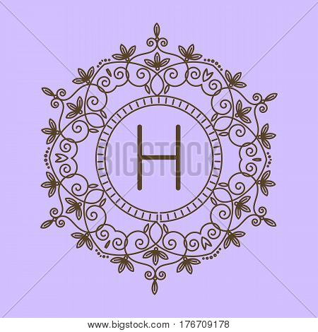 Monogram H logo and text badge emblem line art vector illustration luxury template flourishes calligraphic leaves elegant ornament sign. Flourish outline decoration frame border with letter.