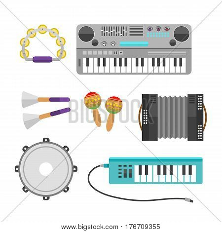 Different music instruments vector musical guitar violin and sound classical concert trumpet collection entertainment composition illustration. String and wind electric signs.