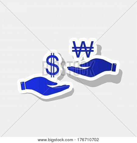 Currency exchange from hand to hand. Dollar and South Korea Won. Vector. New year bluish icon with outside stroke and gray shadow on light gray background.