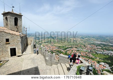 Tourists Visiting La Rocca Fortless On Borgo Maggiore, San Marino