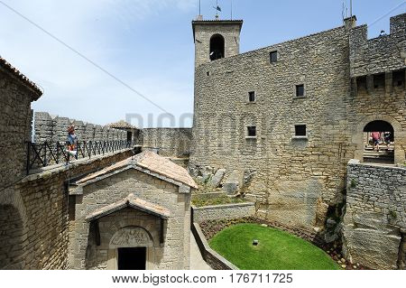 Tourists Visiting La Rocca Fortless On Borgo Maggiore, San Marino