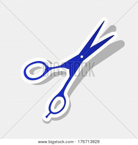 Hair cutting scissors sign. Vector. New year bluish icon with outside stroke and gray shadow on light gray background.