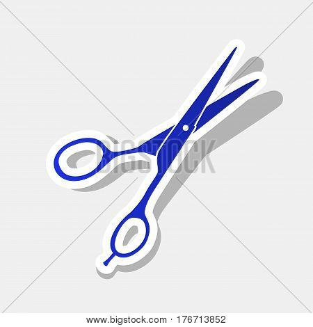 Hair cutting scissors sign. Vector. New year bluish icon with outside stroke and gray shadow on light gray background.
