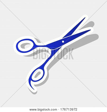Hair cutting scissors sign. Vector. New year bluish icon with outside stroke and gray shadow on light gray background.