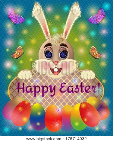 Easter greeting card with bunny rabbit. Fluffy bunny rabbit Easter greeting card. Vector illustration.