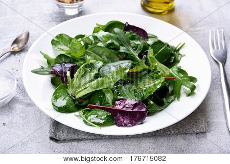 Green salad with arugula mesclun spinach. Healthy food close up view