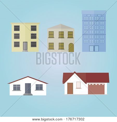 set of different types of color houses flat isolated on blue background
