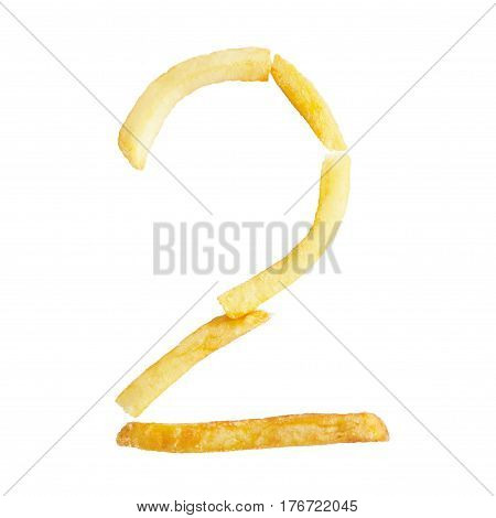 Number two 2 symbol is made of the same fries. Alphabet of French fries. Isolate on white