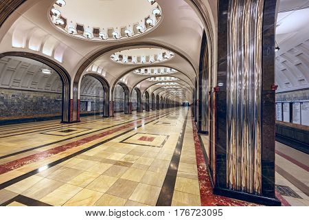 MOSCOW/ RUSSIA - MARCH 11, 2017. Metro station Mayakovskaya. Moscow, Russia