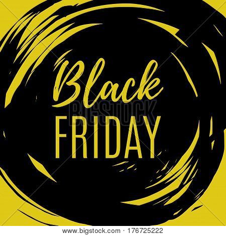Black Friday sale banner. Black hand drawn brush splach circle frame on yellow  background. Black friday sale logo for banner, web, flyer, header design. Vector illustration. EPS 10