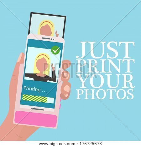 Hand holding mobile phone with portable printer for mobile phone in flat design style. Quick instant photo printing. Vector illustration