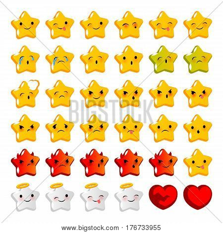 Emotional stare cute faces smiles big set. Vector illustration smile icon. Face emoji yellow icon. Smile cute funny emotion face on isolated background. Happy feelings, expression for message, sms.