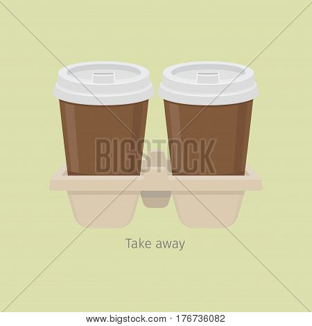 Two take away paper coffee cups in carton holder on light olive background. Vector illustration of brown cups with white covers in special double holder. Take away hot beverage in flat style