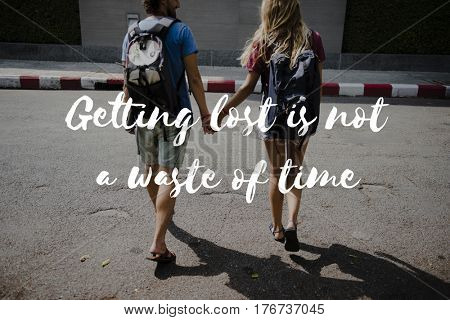 Friends Travel Backpacker Journey with Quote Graphic
