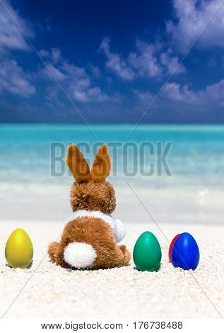 Easter bunny on colored easter eggs  on a beach