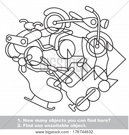 Mix vehicles to be counted, educational task to educate preschool kids with easy kid educational gaming and primary education of simple game level. Find the unsuitable object.