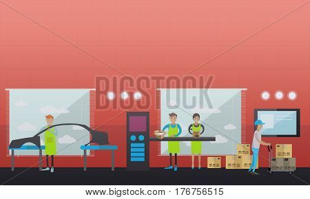 Vector illustration of car assembly plant. Production line workers, factory workers packing car parts and loading cardboard boxes flat style design elements.