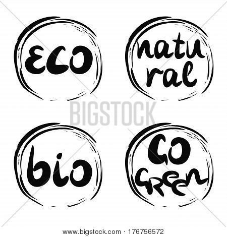 Four logo with inscription bio, natural, go green, eco. Label Trading symbol