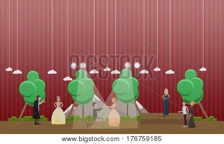 Vector illustration of performers staging Opera Dracula based on original novel by Bram Stoker. Flat style design.