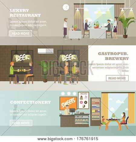Vector set of pub horizontal banners. Luxury restaurant, Gastropub Brewery, Confectionery flat style design elements.