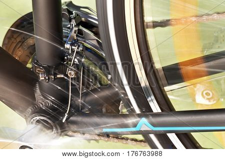 Detail Of Front Derailleur And Back Wheel