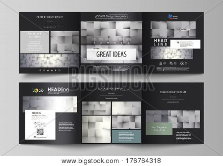 Set of business templates for tri fold square design brochures. Leaflet cover, abstract flat layout, easy editable vector. Pattern made from squares, gray background in geometrical style. Simple texture.