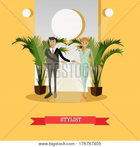 Vector illustration of professional fashion designer male with model girl walking down catwalk. Fashion stylist concept design element in flat style