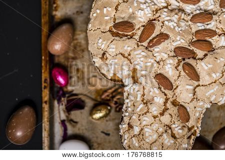 Colomba, Italian sweet easter cake, dark and rustic mood.