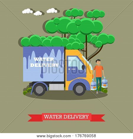 Vector illustration of water delivery truck and delivery man with two big bottles of water. Transportation of drinking water flat style design element.