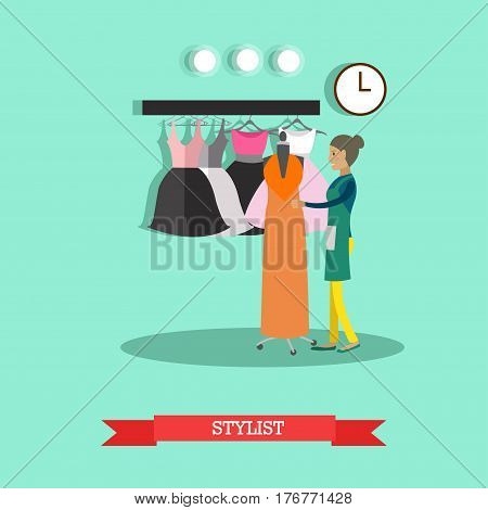 Vector illustration of young woman fashion clothes designer, tailor. Clothing design studio, atelier, tailor shop interior. Stylist professional in flat style.