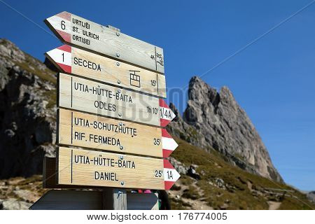 Singpost in the Dolomite mountains, Northern Italy