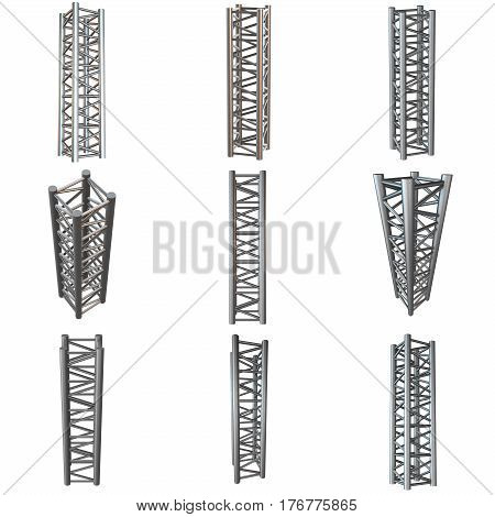 Steel truss girder rooftop frame construction set. 3d render isolated on white