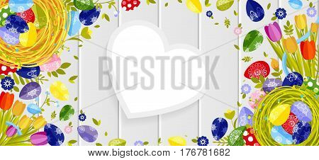 Stock vector illustration Happy Easter background colored eggs, spring decoration, leave, tulip flower design element in flat style for printed material, postcard, greeting, festive card banner, flyer