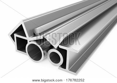 Metallurgical industry products - group of stainless rolled steel products (pipes profiles girders bars balks and armature) on white industrial 3D illustration
