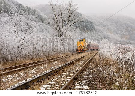 Winter landscape with yellow locomotive and red passengers cars passing frozen trees