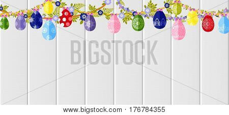 Stock vector illustration Happy Easter background colored eggs, spring decoration, leave, tulip flower design element in flat style for printed material, postcard, greeting, festive card banner, flyer