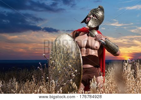 Courageous warrior in helmet showing to enemy of gesturing of dead holding weapon near neck. Soldier in iron armor and red cloak with shield going in attack on war at field. Dark sky over field.