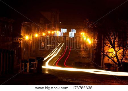 Lights of a night city Petrovaradin. Long exposure photography